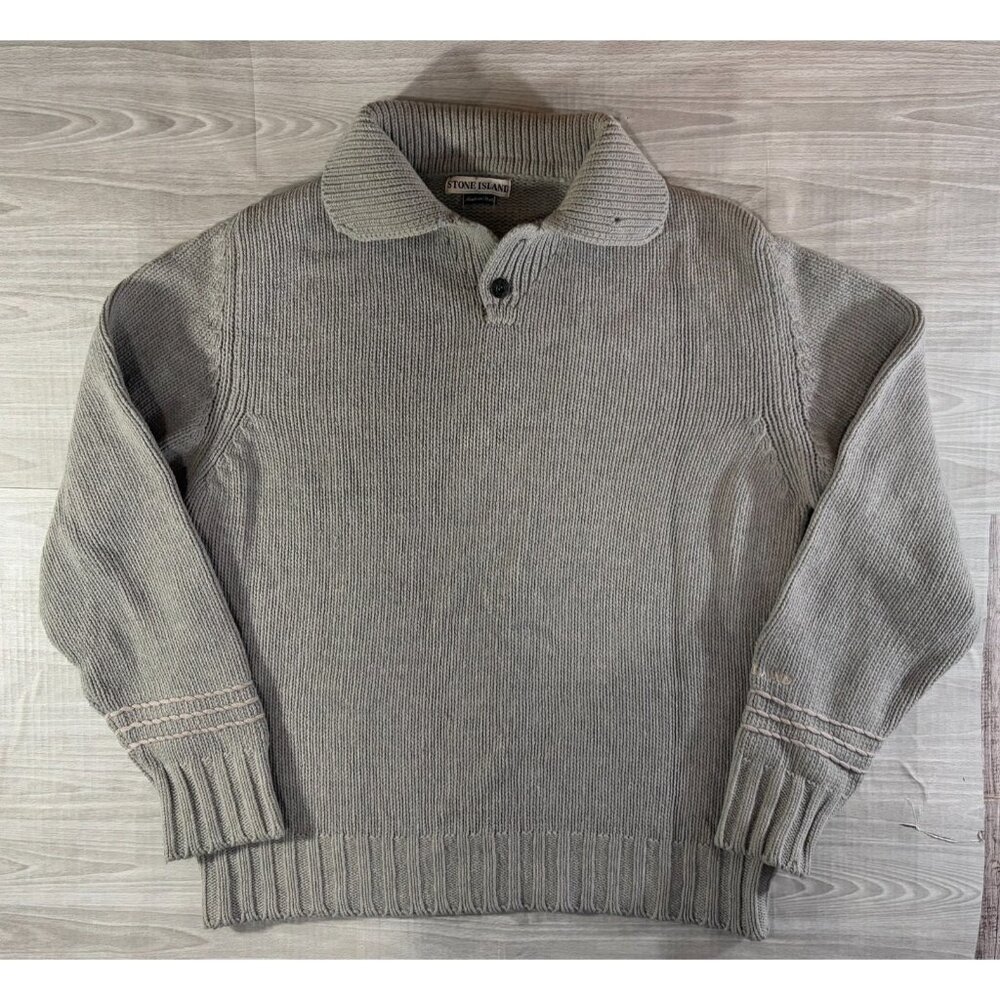 STONE ISLAND wool blend enbroidered logo sweater sz L VGT 90's *missing buttons